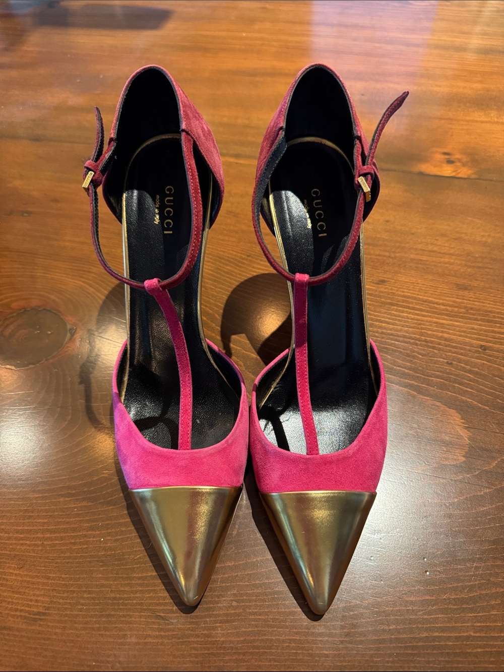 Gucci Fuchsia Suede T-Strap Pumps with Gold Toe Cap